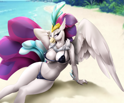 Size: 2107x1749 | Tagged: suggestive, artist:skiba613, queen novo (mlp), bird, equine, fictional species, hippogriff, mammal, anthro, friendship is magic, hasbro, my little pony, my little pony: the movie, 2023, beach, beak, belly button, bikini, breasts, cameltoe, clothes, detailed background, digital art, ears, eyelashes, female, fur, hair, micro bikini, nipple outline, open mouth, pose, solo, solo female, spread wings, swimsuit, thighs, tongue, wide hips, wings