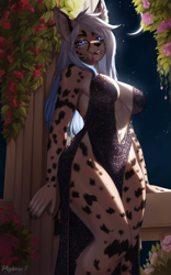 Size: 1515x2432 | Tagged: safe, artist:pizhma, oc, oc only, fictional species, hyena, mammal, spotted hyena, undead, vampire, anthro, 2023, absolute cleavage, belly button, bottomwear, breasts, cleavage, clothes, commission, detailed background, digital art, dress, ears, eyelashes, fangs, female, fur, hair, halloween, holiday, sharp teeth, side slit, solo, solo female, teeth, thighs, total sideslit, white hair, wide hips, ych result