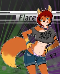 Size: 1047x1280 | Tagged: suggestive, artist:paoguu, oc, canine, fox, mammal, anthro, 2018, belly button, blue eyes, bottomwear, bracelet, breasts, clothes, clothes writing, collar, crop top, cropped shirt, female, fishnet armwear, fox ears, fox tail, fur, hair, hand on hip, jewelry, midriff, off shoulder, orange body, orange fur, purple collar, purple panties, red hair, short hair, short shorts, shorts, solo, solo female, tail, tongue, tongue out, topwear, underboob, unzipped, vixen