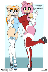 Size: 800x1200 | Tagged: safe, artist:tailsrulz, amy rose (sonic), cream the rabbit (sonic), hedgehog, lagomorph, mammal, rabbit, anthro, plantigrade anthro, sega, sonic the hedgehog (series), 2023, bottomwear, breasts, clothes, digital art, duo, duo female, ears, eyelashes, female, females only, fur, hair, high heels, legwear, leotard, older, open mouth, shoes, shorts, stockings, sweater, tail, thighs, tongue, topwear, wide hips