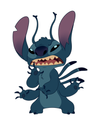 Size: 2468x3282 | Tagged: safe, artist:cartoonboyfriends, stitch (lilo & stitch), alien, experiment (lilo & stitch), fictional species, disney, lilo & stitch, 2018, 4 arms, 4 fingers, angry, antennae, black eyes, blue body, blue claws, blue fur, blue nose, blue paw pads, chest fluff, claws, digital art, dipstick antennae, ears, finger claws, fingers, flat colors, fluff, frowning, fur, head fluff, head tuft, high res, looking at you, male, multicolored antennae, multiple arms, multiple limbs, on model, open mouth, paw pads, paws, purple inner ear, simple background, solo, solo male, squint, standing, toe claws, toes, torn ear, transparent background