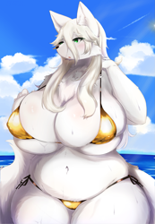 Size: 1597x2307 | Tagged: suggestive, artist:kyuukon, oc, oc only, oc:faelan (kyuukon), arctic wolf, canine, mammal, wolf, anthro, 2023, absolute cleavage, almost nude, belly, belly button, big breasts, big tail, bikini, breasts, cheek fluff, cleavage, clothes, cloud, female, fluff, fur, gold bikini, green eyes, hair, neck fluff, nipple outline, ocean, outdoors, sky, solo, solo female, swimsuit, tail, tail fluff, thick, thick thighs, thighs, underwear, water, white body, white fur, white hair