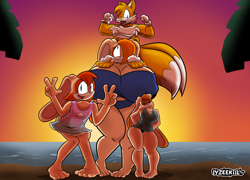 Size: 5546x3999 | Tagged: safe, artist:cartoonwatcher1234, artist:iyzeekiil, cream the rabbit (sonic), miles "tails" prower (sonic), oc, canine, fox, lagomorph, mammal, rabbit, anthro, sega, sonic the hedgehog (series), barefeet, barefoot, beach, big breasts, bikini, blue bikini, blue eyes, bottomwear, breasts, chest fluff, children, clothes, couple, cream body, cream fur, ears, eyelashes, eyes closed, family photo, female, females only, fluff, fur, gesture, group, hair, hair over one eye, huge breasts, huge ears, husband, husband and wife, interspecies, long ears, male, married couple, multicolored body, multicolored fur, multicolored hair, multiple tails, older cream the rabbit, older miles "tails" prower, orange hair, peace sign, plant, rabbit ears, red sky, sand, shipping, shorts, sitting on shoulders, solo, solo male, sunset, swimming trunks, swimsuit, tail, taiream (sonic), thick thighs, thighs, tree, trio, trio female, twin tails, two tails, water, white body, white fur, wife, yellow body, yellow fur