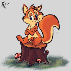 Size: 800x800 | Tagged: safe, artist:blondiemutt, mammal, rodent, squirrel, semi-anthro, 2022, 2d, 3 toes, ambiguous gender, crossed arms, grass, gray background, mushroom, paws, signature, simple background, sitting, solo, solo ambiguous, tree stump