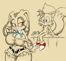 Size: 2134x1970 | Tagged: safe, artist:cartoonwatcher1234, artist:roga141, cream the rabbit (sonic), miles "tails" prower (sonic), canine, fox, lagomorph, mammal, rabbit, anthro, comic:cream's big reveal, sega, sonic the hedgehog (series), belt, big breasts, blue eyes, blushing, bottomwear, breasts, clothes, couple, duo, duo male and female, ears, ears down, female, flirting, fox tail, hair, lidded eyes, male, multiple tails, older cream the rabbit, orange eyes, pants, seductive eyes, seductive look, shirt, shoes, socks, stripping, tail, taiream (sonic), topwear, twin tails, two tails, white socks