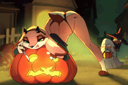 Size: 1620x1080 | Tagged: suggestive, artist:freeedon, oc, oc:ri (freeedon), cervid, deer, mammal, anthro, 2023, animated, big butt, blushing, butt, clothes, costume, doe, face down ass up, female, female focus, gif, halloween, halloween costume, horns, jack-o' crouch pose, jack-o-lantern, panties, pumpkin, solo focus, tail, underwear