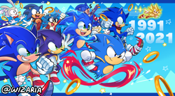 Size: 2738x1509 | Tagged: safe, artist:wizaria, classic sonic, nicky the hedgehog (sonic), sonic the hedgehog (sonic), hedgehog, lagomorph, mammal, rabbit, anthro, cartoon network, ok k.o.! let's be heroes, sega, sonic adventure, sonic adventure 2, sonic boom (series), sonic the hedgehog (satam), sonic the hedgehog (series), sonic the hedgehog manga, sonic the hedgehog movie, sonic underground, 2021, black eyes, blue body, blue fur, clothes, feels the rabbit (sonic), fur, glasses, gloves, green eyes, male, meme, power ring (sonic), quills, ring (sonic), sanic, self paradox, shoes, smiling, soap shoes, super sonic, tail