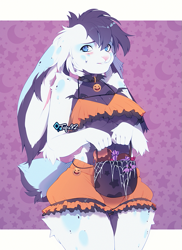 Size: 643x884 | Tagged: safe, artist:tofu93, oc, oc only, lagomorph, mammal, rabbit, anthro, 2022, bottomwear, breasts, candy, clothes, commission, costume, crop top, digital art, ears, eyelashes, female, food, fur, hair, halloween, halloween costume, pumpkin bucket, simple background, skirt, solo, solo female, tail, thighs, topwear, wide hips