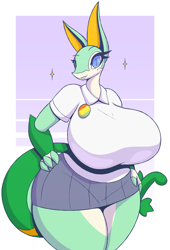 Size: 1359x2000 | Tagged: safe, artist:r-mk, oc, oc:june greenfield (r-mk), fictional species, serperior, anthro, nintendo, pokémon, 2023, bottomwear, breasts, clothes, digital art, ears, eyelashes, female, hair, huge breasts, scales, shirt, skirt, solo, solo female, starter pokémon, tail, thick thighs, thighs, topwear, wide hips