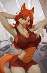 Size: 1615x2500 | Tagged: safe, artist:refegi, oc, oc only, canine, mammal, wolf, anthro, 2023, armpits, arms behind head, bottomwear, breasts, clothes, commission, detailed background, digital art, ears, eyelashes, female, fur, gym, hair, shorts, solo, solo female, sports bra, tail, thighs, topwear, wide hips, ych result