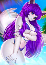 Size: 1273x1800 | Tagged: suggestive, artist:adorableinall, oc, oc only, canine, mammal, wolf, anthro, 2023, absolute cleavage, almost nude, arm under breasts, beach, bedroom eyes, belly button, big breasts, bikini, black nose, blue eyes, breasts, cleavage, clothes, commission, detailed background, digital art, ears, eyelashes, female, fur, hair, looking at you, nail polish, ocean, partially submerged, purple hair, solo, solo female, swimsuit, tail, thighs, water, white body, white tail, wide hips, ych result