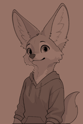 Size: 700x1043 | Tagged: safe, artist:azoomer, oc, oc only, canine, fennec fox, fox, mammal, anthro, 2023, big ears, breasts, clothes, digital art, ears, eyelashes, female, fur, hair, half body, hoodie, looking at you, monochrome, sepia, shirt, simple background, sketch, solo, solo female, tail, topwear, wide hips