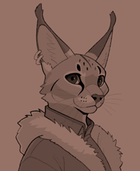 Size: 812x996 | Tagged: safe, artist:azoomer, oc, oc only, big cat, caracal, feline, mammal, anthro, 2023, 2d, bust, clothes, digital art, ear piercing, ears, fur, looking at you, male, monochrome, piercing, portrait, sepia, simple background, sketch, solo, solo male