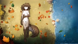 Size: 2240x1280 | Tagged: safe, alternate version, artist:twokinds, kat (twokinds), fictional species, keidran, mammal, anthro, twokinds, 2023, belly button, breasts, brown body, brown fur, brown hair, casual nudity, digital art, eyes closed, featureless breasts, featureless crotch, female, fluff, fur, grass, hair, leaf, lying down, nudity, on back, shoulder fluff, solo, solo female, spots, spotted fur, water, white body, white fur