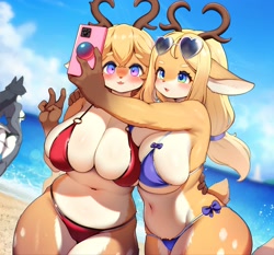 Size: 3000x2800 | Tagged: suggestive, artist:binglebingle7, oc, oc only, canine, cervid, deer, mammal, reindeer, wolf, anthro, 2023, adorasexy, beach, bikini, black nose, blushing, breasts, butt, clothes, cute, detailed background, digital art, duo, ears, eyelashes, female, females only, fur, glasses, glasses on head, group, hair, huge breasts, kemono, micro bikini, pose, rear view, sexy, sideboob, slightly chubby, sunglasses, sunglasses on head, swimsuit, thick thighs, thighs, trio, trio female, wide hips