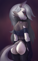 Size: 940x1500 | Tagged: suggestive, artist:corkbrainx, loona (vivzmind), canine, fictional species, hellhound, mammal, anthro, hazbin hotel, helluva boss, 2023, bedroom eyes, black nose, bottomless, breasts, butt, clothes, collar, colored sclera, crop top, cropped shirt, digital art, ears, eyelashes, female, fur, hair, legwear, looking at you, looking back, looking back at you, nudity, partial nudity, pose, rear view, red sclera, shirt, sideboob, simple background, solo, solo female, spiked collar, stockings, tail, thighs, topwear, wide hips