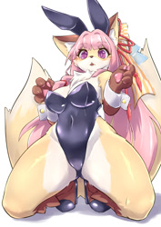Size: 764x1080 | Tagged: safe, artist:sakamata orca, oc, oc only, canine, fictional species, fox, kitsune, mammal, anthro, 2021, adorasexy, black nose, breasts, bunny ears, bunny suit, clothes, cute, digital art, ears, eyelashes, female, fur, hair, kemono, kneeling, leotard, looking at you, multiple tails, pose, sexy, simple background, solo, solo female, tail, thighs, two tails, vixen, vtuber, wide hips