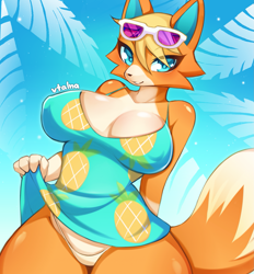 Size: 1849x1993 | Tagged: safe, artist:vtalna, audie (animal crossing), canine, fox, mammal, anthro, animal crossing, animal crossing: new horizons, nintendo, 2023, bottomwear, breasts, cleavage, clothes, dress, female, glasses, glasses on head, looking at you, nipple outline, panties, skirt, skirt lift, smiling, smiling at you, solo, solo female, sunglasses, sunglasses on head, underwear, upskirt