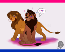Size: 3805x3037 | Tagged: safe, artist:kingsimba, kopa (the lion king), nuka (the lion king), big cat, feline, lion, mammal, feral, disney, the lion king, bisexual, bisexual pride flag, duo, duo male, feral/feral, flag, looking at each other, male, male/male, males only, nukopa (the lion king), older, paint, pride flag, scar, shipping, thinking, thought bubble