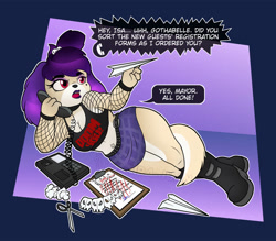 Size: 956x836 | Tagged: safe, artist:tei-juan, isabelle (animal crossing), canine, dog, mammal, shih tzu, anthro, animal crossing, nintendo, alternate coloration, alternate outfit, belly button, belly button piercing, black lipstick, boots, bottomwear, clothes, clothes writing, crop top, eyeliner, female, fishnet armwear, goth, gradient hair, hair, makeup, midriff, paper airplane, phone, phone call, piercing, purple hair, red eyes, scissors, shoes, skirt, solo, solo female, topwear