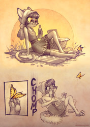 Size: 500x708 | Tagged: safe, artist:tracy butler, ivy pepper (lackadaisy), arthropod, butterfly, cat, feline, insect, mammal, lackadaisy, barefoot, female, glasses, paw pads, paws, picnic basket, picnic blanket, round glasses, shocked, sunglasses