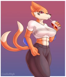 Size: 1091x1280 | Tagged: safe, artist:cooliehigh, buizel, fictional species, mammal, anthro, nintendo, pokémon, 2019, abs, bedroom eyes, belly button, big breasts, bottomwear, breasts, clothes, crop top, cropped shirt, digital art, drinking, ears, eyelashes, female, fur, hair, holding, looking at you, midriff, muscles, pants, shirt, simple background, solo, solo female, tail, thighs, topwear, wide hips
