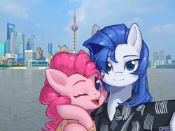 Size: 1000x750 | Tagged: safe, artist:snail 9, pinkie pie (mlp), canon x oc, oc, oc:ray frok, earth pony, equine, fictional species, mammal, pony, friendship is magic, hasbro, my little pony, china, clothes, couple, one eye closed, photo, shanghai, shipping, winking