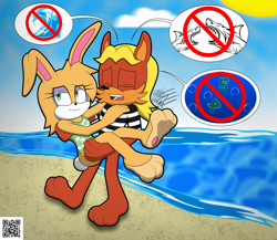 Size: 3958x3442 | Tagged: safe, artist:frostbitewhiteknight, antoine d'coolette (sonic), bunnie rabbot (sonic), canine, coyote, lagomorph, mammal, rabbit, anthro, archie sonic the hedgehog, sega, sonic the hedgehog (series), 3 toes, beach, blonde hair, buntoine, carrying, clothes, female, hair, high res, male, male/female, ocean, paws, sky, swimsuit, water
