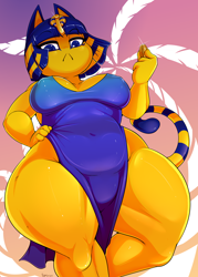 Size: 1000x1400 | Tagged: suggestive, artist:nightfaux, ankha (animal crossing), cat, feline, mammal, anthro, animal crossing, nintendo, 2023, bedroom eyes, bottomwear, breasts, clothes, digital art, dress, ears, eyelashes, female, fur, hair, looking down, low angle, nipple outline, solo, solo female, tail, thick thighs, thighs, wide hips