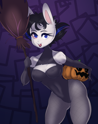 Size: 1707x2159 | Tagged: suggestive, artist:ranillopa, oc, oc only, lagomorph, mammal, rabbit, anthro, 2023, breasts, clothes, digital art, ears, eyelashes, female, fishnet, fishnet stockings, fur, hair, halloween, holiday, legwear, leotard, nipple outline, open mouth, see-through, solo, solo female, stockings, tail, thighs, tongue, wide hips