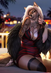 Size: 1604x2298 | Tagged: safe, artist:amur, oc, oc only, canine, mammal, wolf, anthro, 2023, bottomwear, breasts, clothes, detailed background, digital art, dress, ears, eyelashes, female, fur, hair, legwear, pose, sitting, solo, solo female, stockings, tail, tattoo, thighs, wide hips