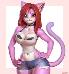 Size: 1185x1280 | Tagged: safe, artist:pak009, oc, oc only, cat, feline, mammal, anthro, 2023, belly button, bottomwear, bra, breasts, clothes, crop top, digital art, ears, eyelashes, female, fur, hair, hand on hip, looking at you, midriff, redraw, shirt, short shorts, shorts, simple background, solo, solo female, tail, thighs, topwear, underwear, wide hips
