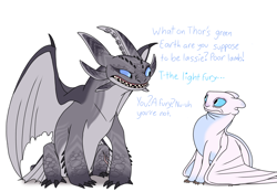 Size: 1200x836 | Tagged: safe, artist:spicyzalmoxes, light fury (httyd), nubless (httyd), oc, oc:tidechaser, dragon, fictional species, light fury (species), feral, dreamworks animation, how to train your dragon, 2020, dialogue, duo, english text, female, frowning, gale fury, looking at each other, open mouth, simple background, talking, text, white background