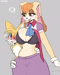 Size: 1521x1914 | Tagged: suggestive, artist:cooliehigh, miles "tails" prower (sonic), vanilla the rabbit (sonic), canine, fox, lagomorph, mammal, rabbit, red fox, anthro, sega, sonic the hedgehog (series), 2022, age difference, anthro/anthro, bedroom eyes, belly button, blushing, bottomwear, bra, clothes, detailed background, digital art, duo, duo male and female, ears, eyelashes, female, fur, gloves, male, male/female, shirt, sketch, skirt, tail, thighs, topwear, underwear, undressing, wide hips