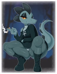 Size: 3018x3900 | Tagged: suggestive, artist:mehdrawings, artist:mehlewds, artist:mehll0w, bea santello (nitw), crocodile, crocodilian, reptile, anthro, night in the woods, 2023, ankh, boots, bra, bra straps, cigarette, clothes, colored sclera, digital art, eyelashes, female, fishnet, fishnet stockings, green body, legwear, looking at you, off shoulder, red eyes, see-through, shoes, solo, solo female, squatting, stockings, tail, thick thighs, thighs, underwear, yellow sclera