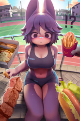Size: 1268x1920 | Tagged: safe, artist:lyc_alma, oc, oc only, canine, dog, mammal, anthro, clothes, digital art, ears, female, food, french fries, fur, hair, hot dog, meat, outdoors, pizza, purple body, purple fur, purple hair, sitting, solo, solo female, sports bra, topwear