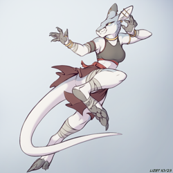 Size: 650x650 | Tagged: safe, artist:lizet, oc, oc:audrey (lizet), kangaroo, mammal, marsupial, anthro, plantigrade anthro, dungeons & dragons, 2023, bandage, bottomwear, bracelet, clothes, digital art, ear piercing, ears, female, gray background, industrial piercing, jewelry, macropod, paws, piercing, simple background, solo, solo female, tail, topwear, underpaw
