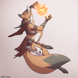 Size: 650x650 | Tagged: safe, artist:lizet, oc, oc:luan, canine, fox, mammal, red fox, anthro, dungeons & dragons, 2023, clothes, cream body, cream fur, digital art, ears, female, fire, fireball, fur, loincloth, looking at you, magic, paws, red body, red fur, simple background, solo, solo female, tail, topwear