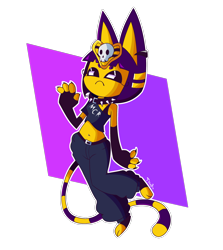 Size: 2240x2506 | Tagged: safe, artist:tysobro, ankha (animal crossing), cat, feline, mammal, anthro, animal crossing, my chemical romance, nintendo, alternate coloration, alternate outfit, belly button, blue hair, cat ears, cat tail, choker, clothes, crop top, cropped shirt, eyeshadow, female, fur, goth, hair, makeup, midriff, short hair, solo, solo female, spiked choker, striped tail, stripes, tail, topwear, yellow body, yellow fur