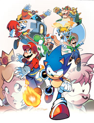Size: 1024x1329 | Tagged: safe, artist:matt herms, amy rose (sonic), bowser (mario), classic amy, classic knuckles, classic sonic, classic tails, doctor eggman (sonic), knuckles the echidna (sonic), luigi (mario), mario (mario), miles "tails" prower (sonic), princess peach (mario), sonic the hedgehog (sonic), toad (mario), yoshi (mario), canine, echidna, fictional species, fox, hedgehog, human, koopa, mammal, monotreme, red fox, reptile, toad, toad (mario species), yoshi (species), anthro, humanoid, plantigrade anthro, semi-anthro, mario (series), nintendo, sega, sonic the hedgehog (series), 2014, blonde hair, cap, claws, clothes, commission, crossover, crown, eyelashes, female, flying, gloves, hair, hat, headwear, jewelry, male, regalia, shoes, tongue, tongue out
