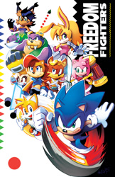 Size: 648x1001 | Tagged: safe, artist:matt herms, official art, amy rose (sonic), antoine d'coolette (sonic), big the cat (sonic), bunnie rabbot (sonic), cheese (sonic), cream the rabbit (sonic), miles "tails" prower (sonic), nicole the holo-lynx (sonic), princess sally acorn (sonic), rotor the walrus (sonic), sonic the hedgehog (sonic), canine, cat, chao, chipmunk, coyote, feline, fictional species, fox, hedgehog, lagomorph, lynx, mammal, rabbit, red fox, rodent, walrus, anthro, plantigrade anthro, semi-anthro, archie sonic the hedgehog, sega, sonic the hedgehog (series), 2017, black hair, blonde hair, blue body, blue eyes, blue fur, brown body, brown fur, cheek fluff, clothes, cream belly, cream body, cream fur, cybernetic arm, cybernetics, cyborg, dipstick tail, eyelashes, facial markings, female, fluff, freedom fighters (sonic), fur, gloves, goggles, green eyes, group, hair, hologram, male, multiple tails, open mouth, orange tail, piko piko hammer, pink body, pink fur, purple body, purple fur, quills, red dress, red hair, ring-blades (sonic), robotic limbs, smiling, sword, tail, tail fluff, teeth, tusks, two tails, weapon, white gloves, white tail, yellow body, yellow fur