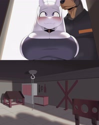 Size: 3246x4096 | Tagged: suggestive, artist:cervina7, toriel (undertale), bovid, canine, doberman, dog, goat, mammal, anthro, undertale, 2022, big breasts, blushing, bondage cuffs, bondage furniture, bondage gear, bondage room, breasts, clothes, comic, detailed background, digital art, duo, duo male and female, ears, eyelashes, faceless male, female, female focus, fur, male, mature, mature female, offscreen character, pose, shirt, shrunken pupils, solo focus, tail, thighs, topwear, wide hips