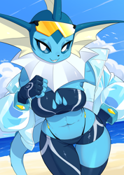 Size: 1200x1697 | Tagged: safe, artist:skykain, artist:skykainsk, eeveelution, fictional species, mammal, vaporeon, anthro, nintendo, pokémon, 2023, anthrofied, beach, belly button, big breasts, blue body, breasts, cleavage, cleavage window, clothes, female, fingerless gloves, glasses, glasses on head, gloves, solo, solo female, sunglasses, sunglasses on head, swimsuit, tail, tail fin, thick thighs, thighs, wide hips