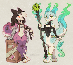 Size: 1800x1599 | Tagged: safe, artist:waspsalad, fictional species, furred kobold, kobold, reptile, anthro, clothes, duo, duo female, female, females only, hood, leotard, magic, staff, tail, thighs, wide hips