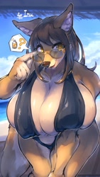 Size: 1152x2048 | Tagged: suggestive, artist:iron_atama, canine, mammal, anthro, absolute cleavage, beach, big breasts, bikini, breasts, cleavage, clothes, female, glasses, leaning forward, looking at you, mature, mature female, outdoors, round glasses, sling bikini, smiling, smiling at you, solo, solo female, speech bubble, sunglasses, swimsuit
