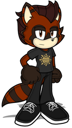 Size: 1080x1920 | Tagged: safe, artist:toyminator900, mammal, procyonid, raccoon, anthro, all time low, rian dawson, sega, sonic the hedgehog (series), anthrofied, bottomwear, brown body, brown eyes, brown fur, brown hair, clothes, frowning, fur, furrified, hair, hand on hip, lidded eyes, looking at you, male, pants, ringed tail, shirt, shoes, simple background, solo, solo male, sonicified, t-shirt, topwear, transparent background