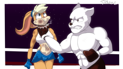 Size: 3840x2160 | Tagged: suggestive, artist:teluzer, arnold the pitbull (tiny toon adventures), lola bunny (looney tunes), canine, dog, mammal, anthro, looney tunes, tiny toon adventures, warner brothers, bottomwear, boxing, boxing gloves, boxing shorts, clothes, crop top, duo, female, gloves, male, mixed boxing, punching, shorts, topwear, uppercut