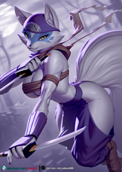 Size: 897x1269 | Tagged: safe, artist:pakwan008, alopex (tmnt), arctic fox, canine, fox, mammal, anthro, digitigrade anthro, teenage mutant ninja turtles, 2023, arm wraps, belly button, bottomwear, breast wraps, breasts, chest wraps, clothes, dual wielding, ear fluff, eyelashes, female, fluff, fur, gauntlets, headwear, holding, holding object, holding weapon, looking at you, mask (facial marking), midriff, solo, solo female, sword, vixen, weapon, white body, white fur, wraps, yellow eyes