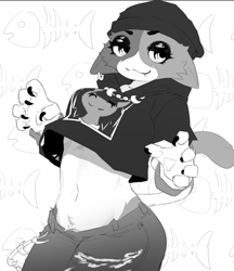 Size: 804x931 | Tagged: safe, artist:akko, meow skulls (fortnite), cat, feline, mammal, anthro, fortnite, belly button, clothes, crop top, cropped shirt, female, goth, grayscale, midriff, monochrome, simple background, solo, solo female, topwear, white background