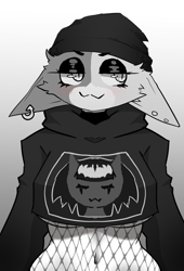 Size: 2044x3000 | Tagged: suggestive, artist:akko, meow skulls (fortnite), cat, feline, mammal, anthro, fortnite, belly button, breasts, bust, clothes, crop top, cropped hoodie, female, fishnet clothing, gray background, grayscale, midriff, monochrome, simple background, solo, solo female, topwear, underboob